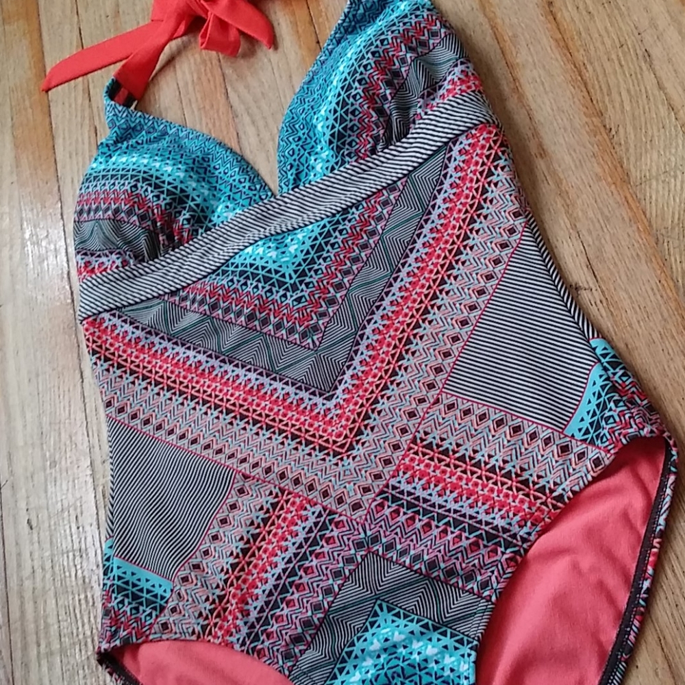 Prana One Piece Swimsuit Orange and Aqua Design